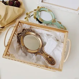 Style européen Miroir de maquillage vintage à poignée dorée Miroir cosmétique princesse en résine baroque avec boîte en papier Cadeau de princesse exquis