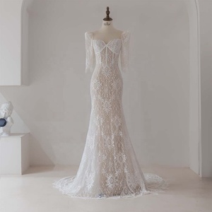 Robes de mariée sirène pour femmes grande taille RL276, luxe, style féerique, tissu en dentelle simple, broderie, appliques en cristal, fleurs, longues - Product Image 1