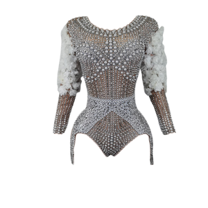 Vestidos de Baile Latino de Salón para Mujer, Estilo <span class=keywords><strong>Beyoncé</strong></span>, Super Sexy, con Perlas de Nailon, Pedrería, Flores y Elástico - Product Image 1