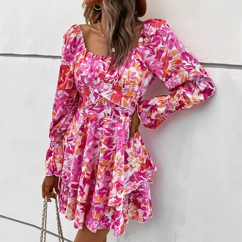 Fashion Casual Clothes Women New Cute Style Floral Print Ruffle Dresses Woman