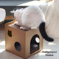 Maison pour chat carrée moderne 2-en-1 avec griffoir, durable, écologique, en carton ondulé, lit pour animaux, grotte empilable