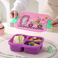 Boîte à lunch pour enfants à 3 compartiments sans BPA avec ustensiles, compatible micro-ondes, design de dessin animé, récipient alimentaire pour l'école et les activités de plein air