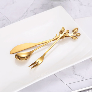Vàng thép không gỉ Flatware Set Tree <span class=keywords><strong>Leaf</strong></span> phong cách bánh tráng miệng muỗng nĩa Knife Set - Product Image 5
