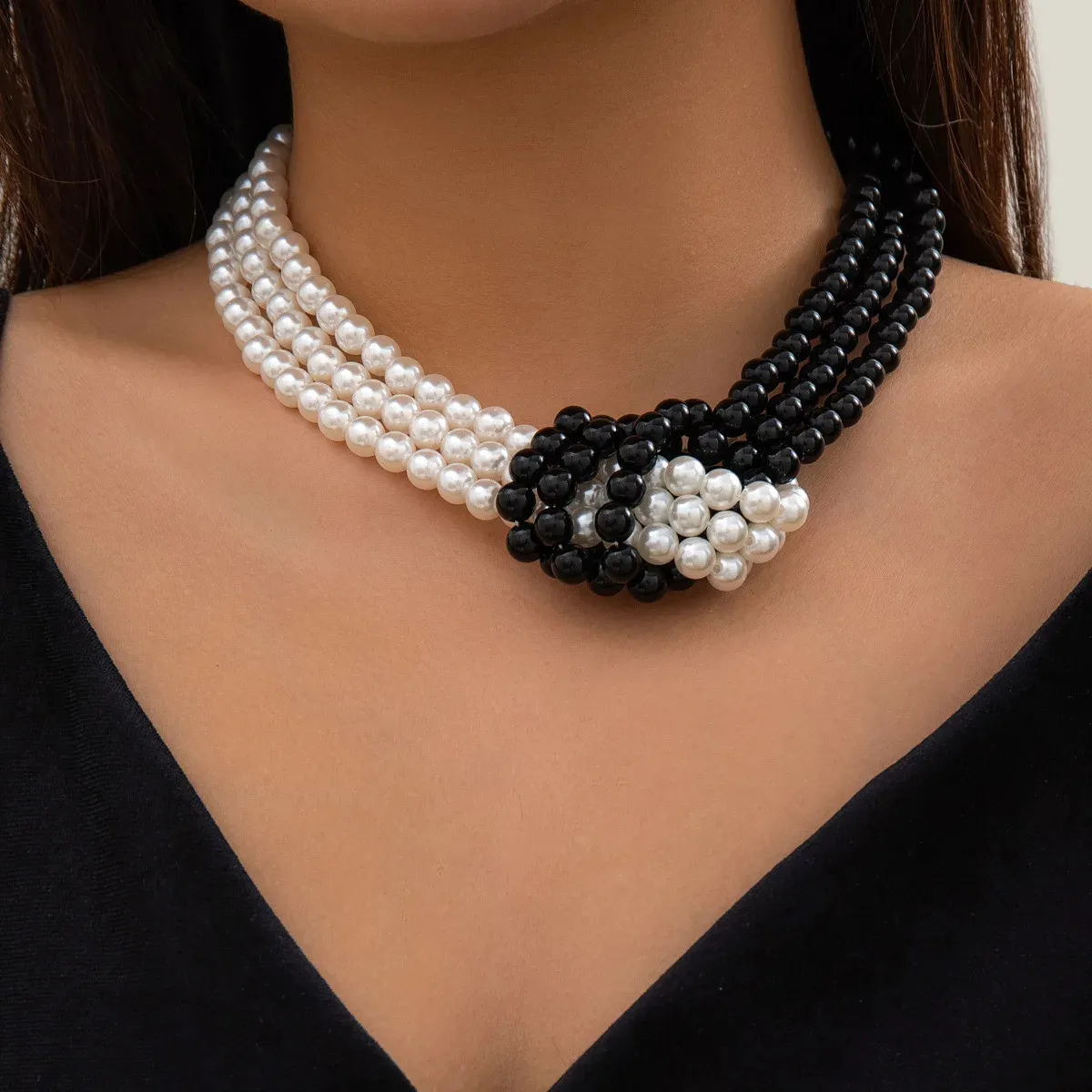 LUOXIN Fashion Girls Choker Statement Necklace White Black Pearl Beads Knot Necklace