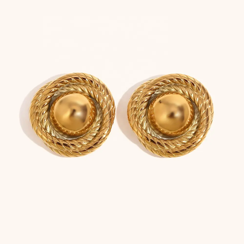 Brincos banhados a ouro 18K personalizados para mulheres, joias fashion de aço inoxidável com botão redondo e padrão de cânhamo torcido, joias de moda para não desbotar