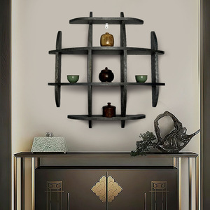 Solid Wood Chinese Style <b>Wall</b> Mounted Tea Rack Multi Compartment Black Antique <b>Display</b> Shelf Geometric Shape - Product Image 1