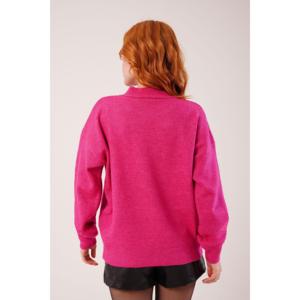 Pull en maille côtelée fuchsia pour femme, col montant, manches longues, anti-boulochage, jauge 16 GG - Product Image 1