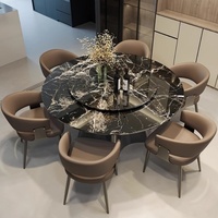 Table et chaises de salle à manger de luxe en acier inoxydable avec marbre noir et pierre au design carré et rond