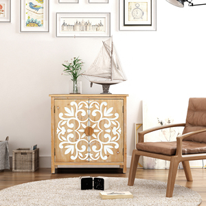 Rustic Wooden Accent Cabinet 2 Door Floral Carved Doors <b>Storage</b> Cabinet for Living Room Entryway Dining Room - Product Image 3