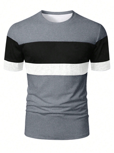 T-Shirt da Uomo in Maglia Lavata con Collo Tondo, Colore Grigio Mélange a Blocchi di Colore e Righe - Vestibilità Ampia, Manica Corta Formale - Product Image 1