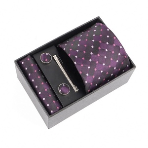 Ensemble de cravate, mouchoir et boutons de manchette pour homme, cravate à carreaux et à rayures, cravate de mariage pour homme, cravate et pince à cravate - Product Image 3