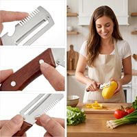 Éplucheur de fruits antidérapant, éplucheur de légumes multifonctionnel pour la cuisine, lame en acier inoxydable avec manche en bois et ouvre-bouteille