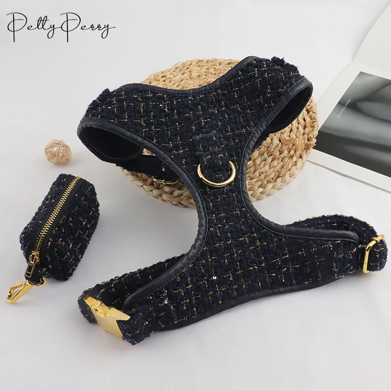 New material hot gold knitted jacquard fabric velvet adjustable customized brand pet harness vest collar leash set