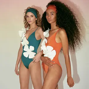 2024New One Piece Swimsuit Female Sexy 3D Floral Lace Up Swimwear Women Solid Bathing Suit Summer Beachwear Ruffle Swimming Wear