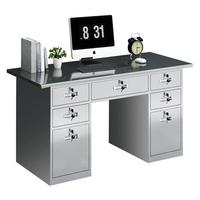 Bureau de travail moderne en acier inoxydable ignifuge pour salle blanche, avec plateau épaissi, tiroirs et panneau métallique style bois, qualité alimentaire