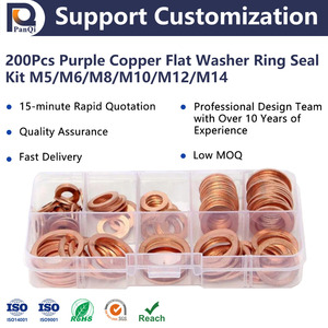 200Pcs Purple Copper Flat Washer Ring Seal Kit <strong>M5</strong>/M6/M8/M10/M12/M14 Nut <strong>Bolt</strong> Assortment Brass Sump Plugs Gaskets for Various - Product Image 1
