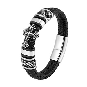 Handmade Black Braided <b>Leather</b> <b>Bracelet</b> for Men | Stainless Steel Antique Cross Charm & Magnetic Clasp | Gothic Style Wristband - Product Image 1
