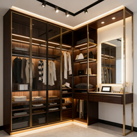 Armoire moderne industrielle Balom Anhui avec porte en verre, placard en bois, chambre à coucher, dressing avec éclairage LED
