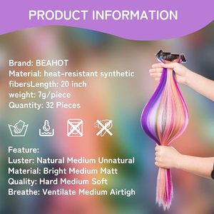 32 PCS Clip in Colored Hair Extensions for Kids, 20 Inches <b>Rainbow</b> Long Straight Hairpieces Synthetic - Product Image 4