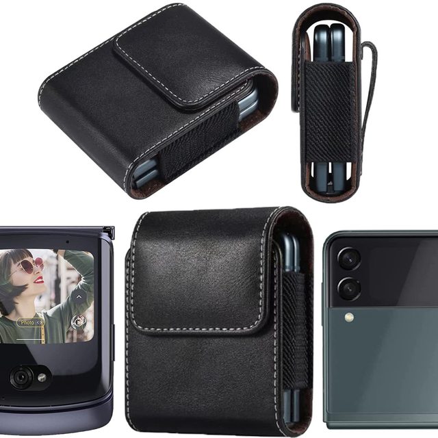 Universal PU Leather Phone Pouch for Samsung Z Flip 4 & 3 5G 2 Belt Clip Holster Phone Case for Motorola Razr 5G Waist Bag