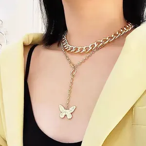Moda kadın takı hediye aksesuarları abartılı kaba çift katmanlı zincir kelebek kolye paslanmaz kolye kadın
