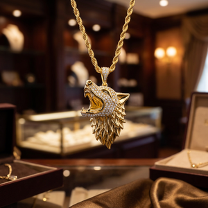 Collar con Colgante de Cabeza de Lobo de Lujo Chapado en Oro de 18K, con Circonitas Cúbicas (CZ) y Diseño de Animal Rugiente, Cadena de Cuerda, Joyería Hip Hop para Hombre - Product Image 3