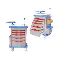 Chariot médical d'urgence en plastique de conception traditionnelle pour hôpital, avec poteau IV, chariot de secours, 5 tiroirs, verrouillage centralisé, 4 roulettes