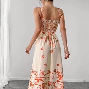 Robe longue éco-responsable rétro à motif floral pour femme, coupe trapèze, taille naturelle, avec détail noué à la taille, idéale pour les vacances - Product Image 3