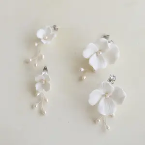 SLBRIDAL Ins Style Sparkling Zircon Crystal Rhinestones Porcelain Flower Freshwater Pearls Bridal Wedding Earring Women Earrings