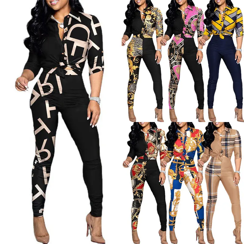 2022 New Casual Letter Set Color Matching Patchwork Print Long Sleeve Shirt women's suits two piece pants set women clothing