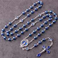 Vente en Gros de Bijoux Religieux Faits à la Main, Chapelet Catholique Vierge Marie avec Chaîne, Perles de Verre Bleues Nacrées 6mm, Rosaire, Colliers pour Femmes