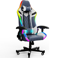Chaise de jeu Racer, chaise VR, bande lumineuse LED RGB bleue, coussin lombaire massant, chaise d'ordinateur inclinable en cuir PU, appui-tête pivotant