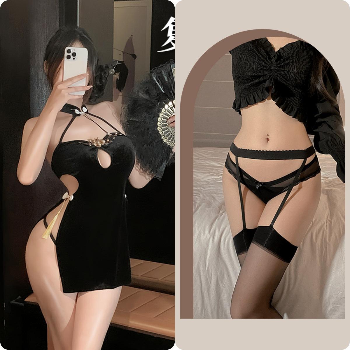 Black cheongsam + black garter stockings