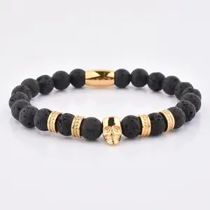 Fashion Jewelry 316L Stainless Steel Skull Head Natural Lava Natural Stone Bead Bracelet For Unisex