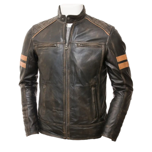 Chaqueta de Motociclista de Cuero Marrón Desgastado para Hombre con Rayas de Carreras - Product Image 2