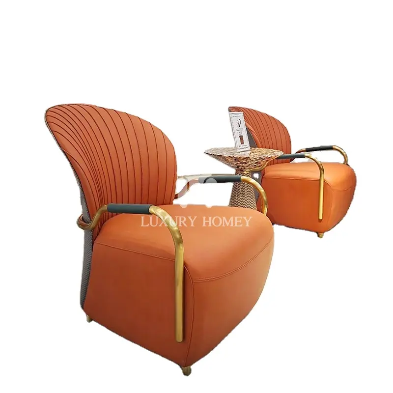 Fauteuil italien de luxe avec bras doré et 1 place Ensemble de canapés de salon orange de luxe Fauteuil lounge une place en cuir de créateur