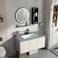 Meuble de salle de bain mural avec miroir et lavabo intégré en alliage d'aluminium et céramique, finition crème