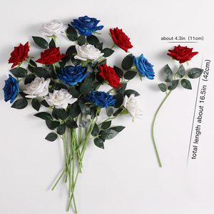 Red <b>White</b> Blue <b>Artificial</b> Flowers Fake Velvet <b>Roses</b> for Independence Day Memorial Day Floral Arrangement Table Centerpieces - Product Image 2