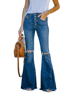 <span class=keywords><strong>Jean</strong></span> évasé <span class=keywords><strong>déchiré</strong></span> <span class=keywords><strong>en</strong></span> denim extensible taille haute, coupe slim, style vintage, nouvelle collection printemps-été pour femme - Product Image 1
