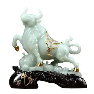 2023 Chinese Zodiac Feng Shui Cattle Statue tabletop decoration black white resin Jade Color bull cow statue animal sculpture
