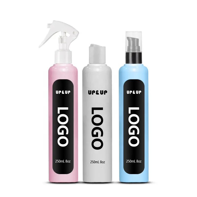 250Ml 8Oz Cilindrische Vorm Pet Plastic Spuitfles Lege Aangepaste Logo Plastic Fles Voor Afwasmiddel