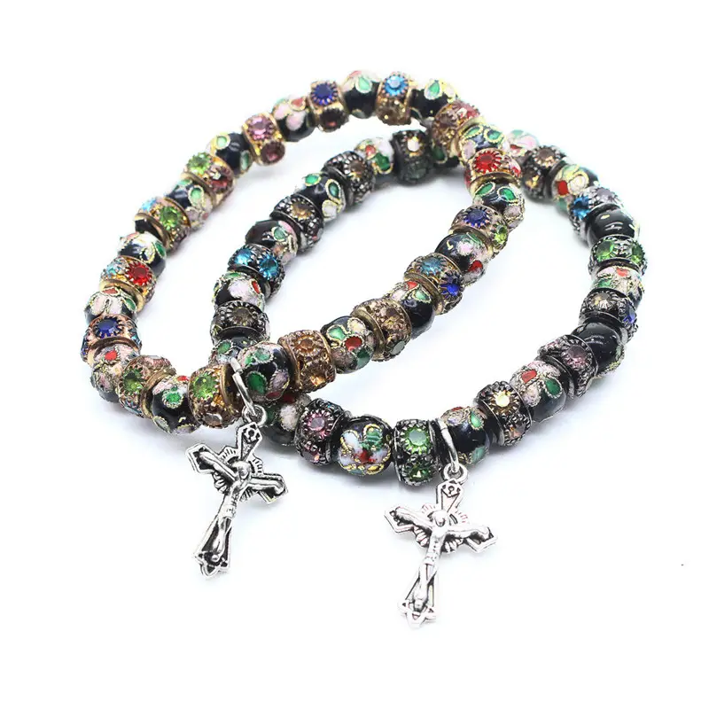 Religieuze Stijl Hoge Kwaliteit Handgemaakte Edelsteen Cloisonne Kralen Rozenkrans Elastiek Armband Met Mini Kruisbeeld