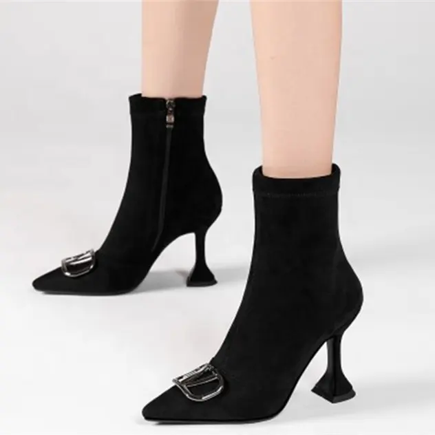 Yarım çizmeler streç süet kısa çizmeler kadın ayakkabı siyah yavru yüksek topuk Stilettos yan fermuar kış ganimet boyutu 46