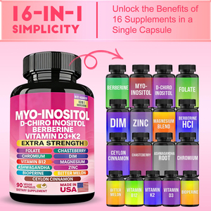 Complément alimentaire 16 en 1 Extra Fort, 90 gélules végétales, Myo-Inositol, D-Chiro Inositol, Berbérine, Vitamine D3 K2 - Product Image 4