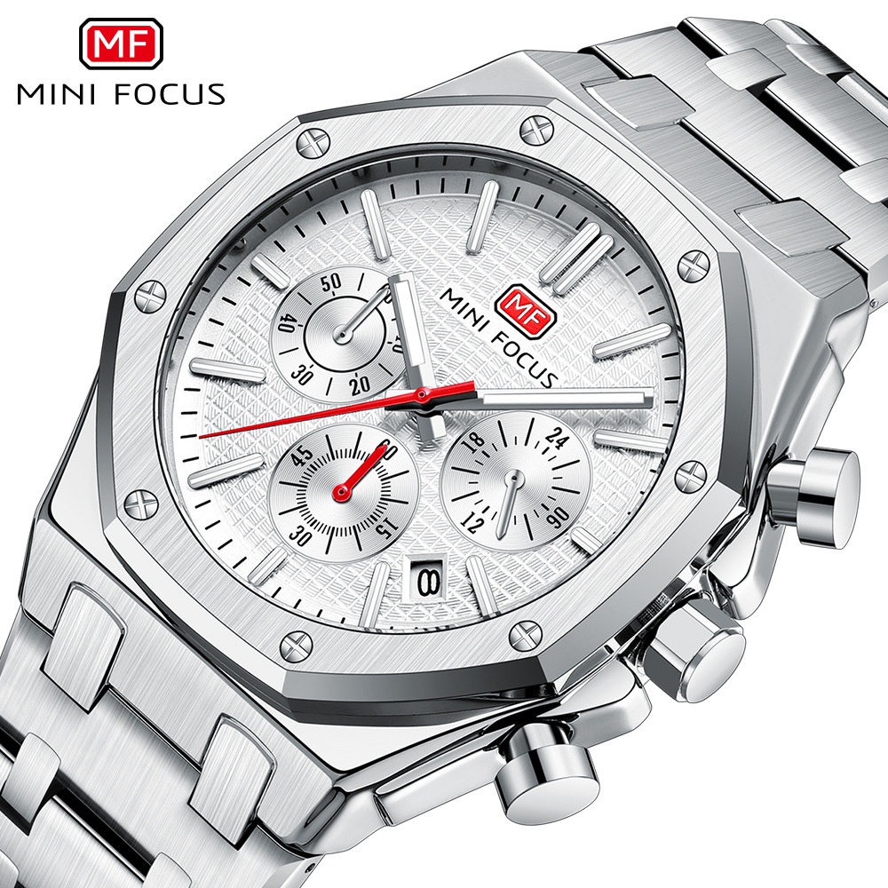 Mini Focus - Orologio da polso da uomo, alla moda, in pelle, sportivo, analogico, al quarzo, cinturino in pelle, cronografo, impermeabile, Argento e nero., Cronografo