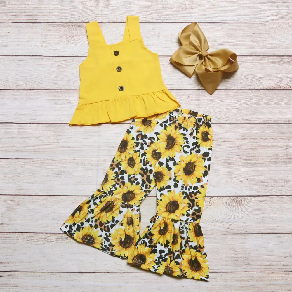 CONICE Baby Girls Clothing Sets Yellow Two Piece Outfit Sunflower Printing Cotton Sling Vest And Shorts Kids