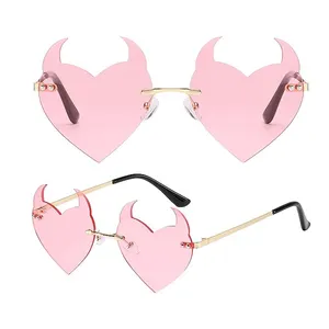 Wholesale Devil Horns Heart Eyeglasses for Women Rave Horns 90s Punk Heart Glasses Fun colored Eyeglasses for Party