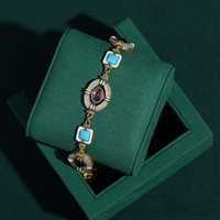 Bracelet vintage ovale en améthyste et turquoise, émail blanc, color-block, unique, polyvalent et haut de gamme