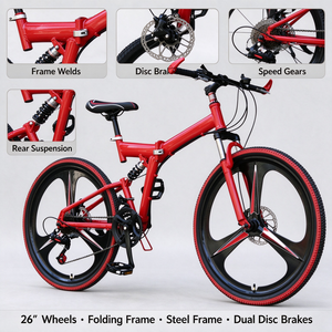 Bicicleta de Montaña Plegable de Acero de <span class=keywords><strong>26</strong></span> Pulgadas, 21 Velocidades, Doble Suspensión, Rueda Integral de 3 Radios, Freno de Disco, Bicicleta MTB para Adultos, Venta al Por Mayor OEM - Product Image 5