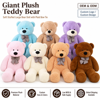 Ours en peluche géant avec nœud papillon à carreaux, sept couleurs (bleu, rose, violet), poupée en peluche douce, OEM ODM, vente en gros